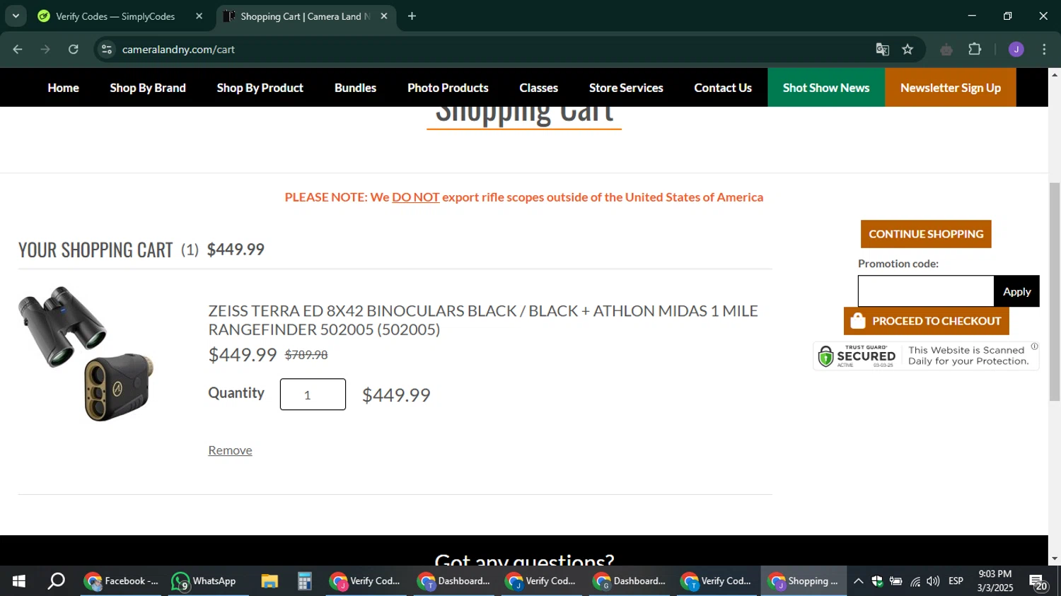 Camera Land NY promo code screenshot showing code SLIK21 applied at Camera Land NY checkout page. Uploaded by SimplyCodes community member sniderjack453 on Mar 4, 2025