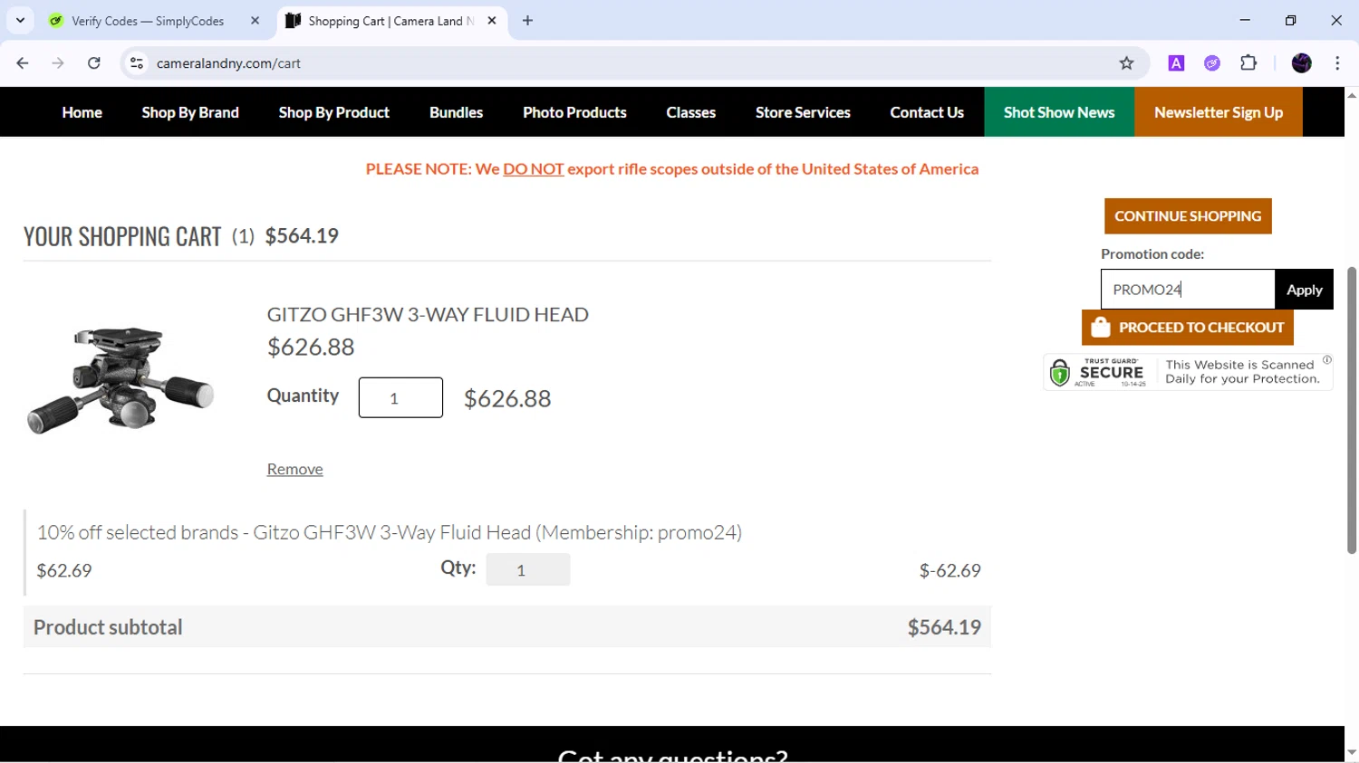 Camera Land NY checkout page showing Camera Land NY promo code box | Screenshot taken by SimplyCodes community member on Oct 14, 2025