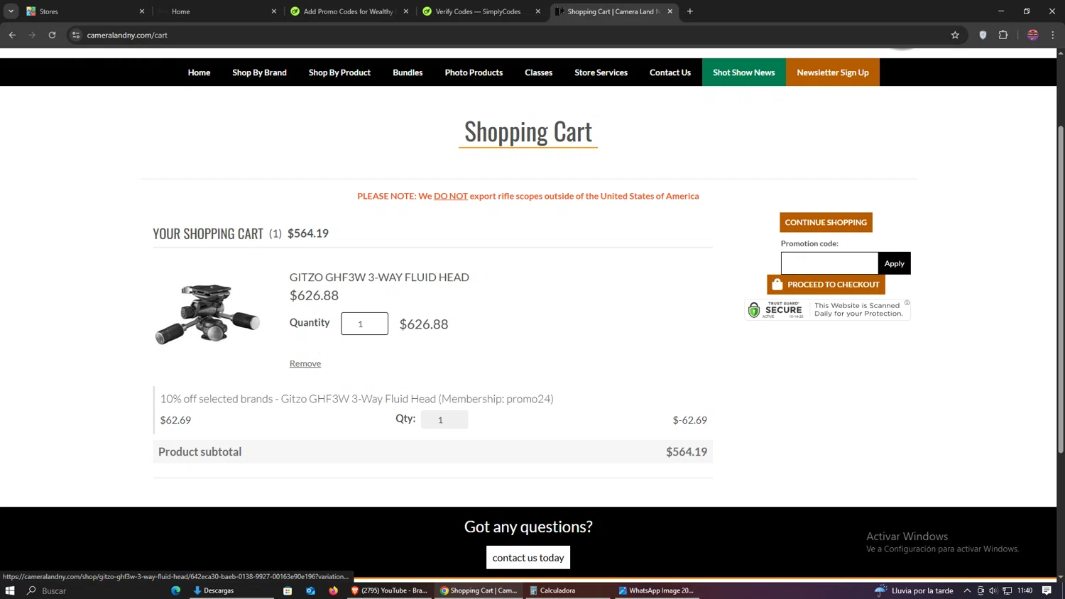Camera Land NY promo code screenshot showing code PROMO24 applied at Camera Land NY checkout page. Uploaded by SimplyCodes community member RebateHawk1800 on Oct 14, 2025