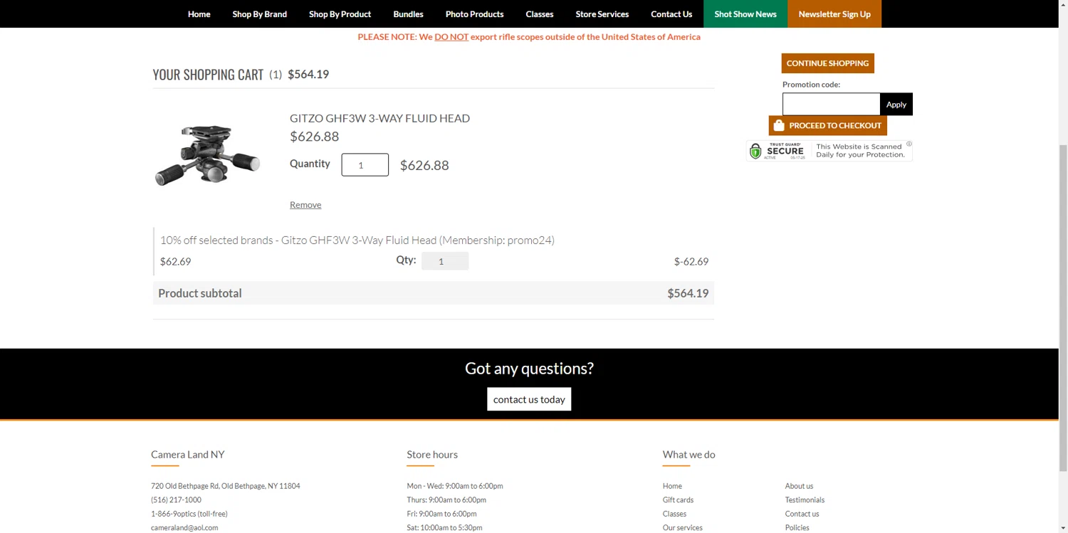 Camera Land NY checkout page showing Camera Land NY promo code box | Screenshot taken by SimplyCodes community member on May 18, 2025
