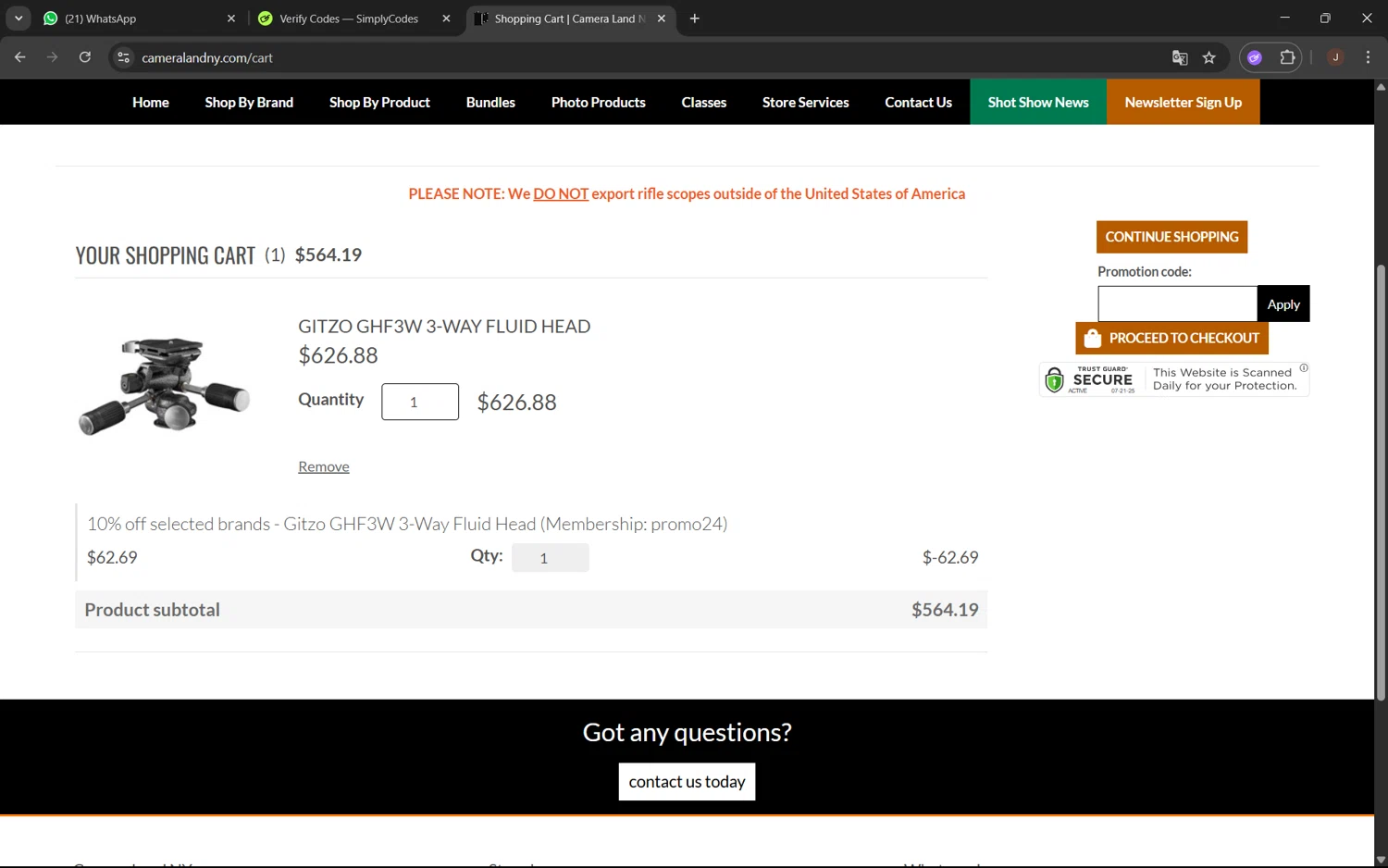 Camera Land NY checkout page showing Camera Land NY promo code box | Screenshot taken by SimplyCodes community member on Jul 21, 2025