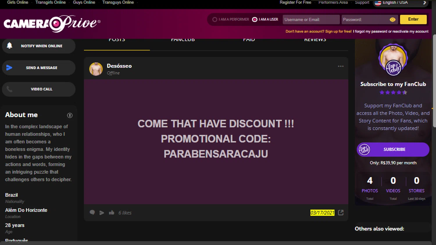 Camera Prive US promo code screenshot showing code PARABENSARACAJU applied at Camera Prive US checkout page. Uploaded by SimplyCodes community member SimplyCVerlie on Nov 30, 2025