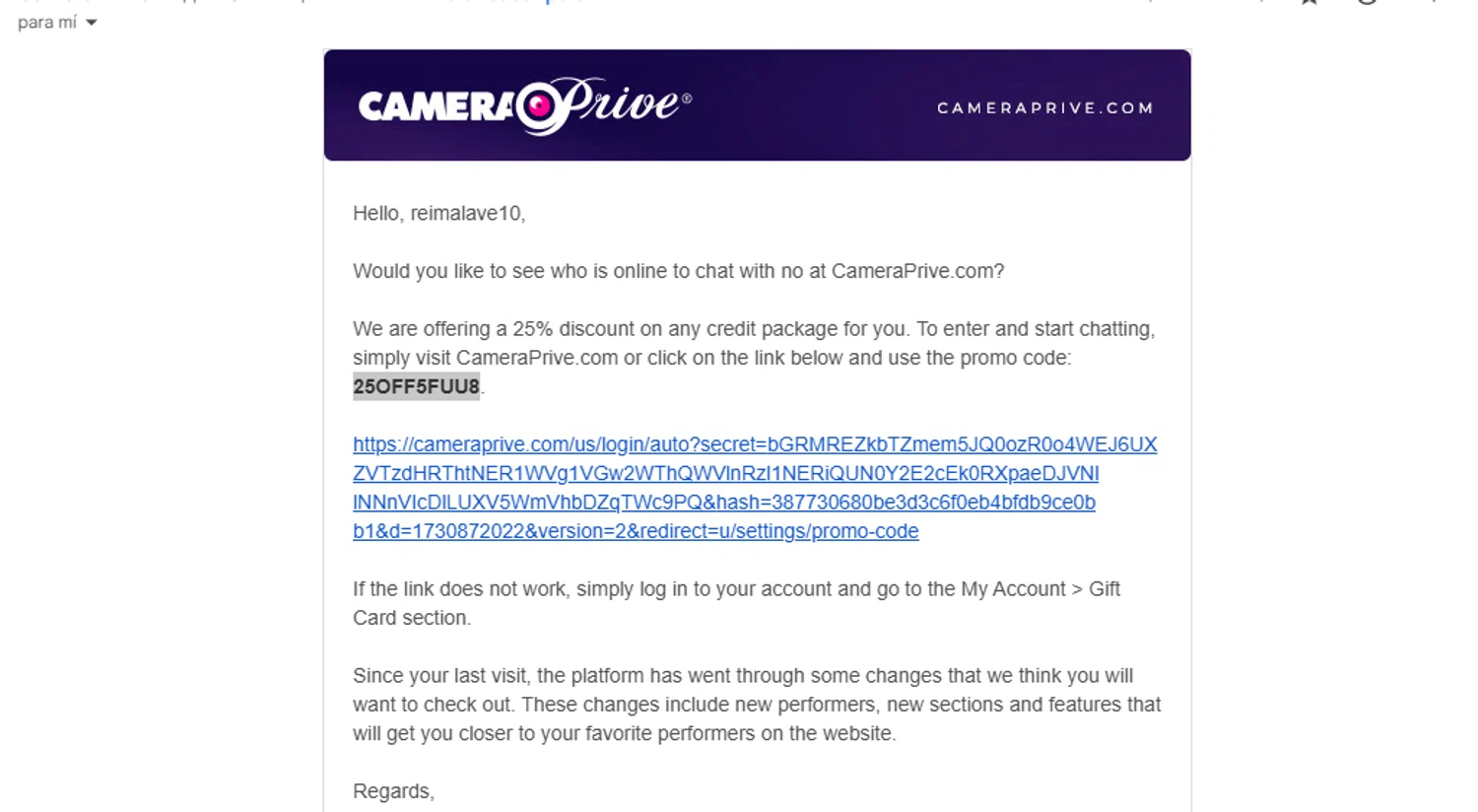 Camera Prive US promo code screenshot showing code 25OFF5FUU8 applied at Camera Prive US checkout page. Uploaded by SimplyCodes community member reimalave10 on Nov 6, 2024