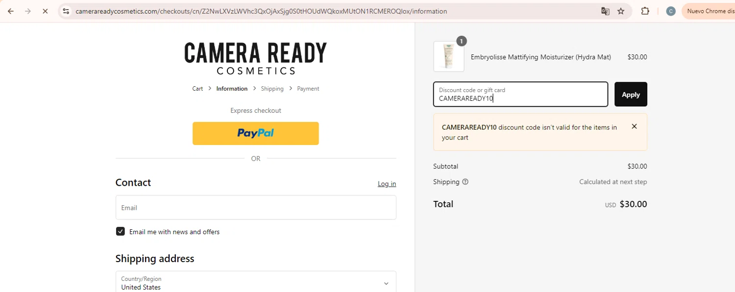 where to use Camera Ready Cosmetics promo code box