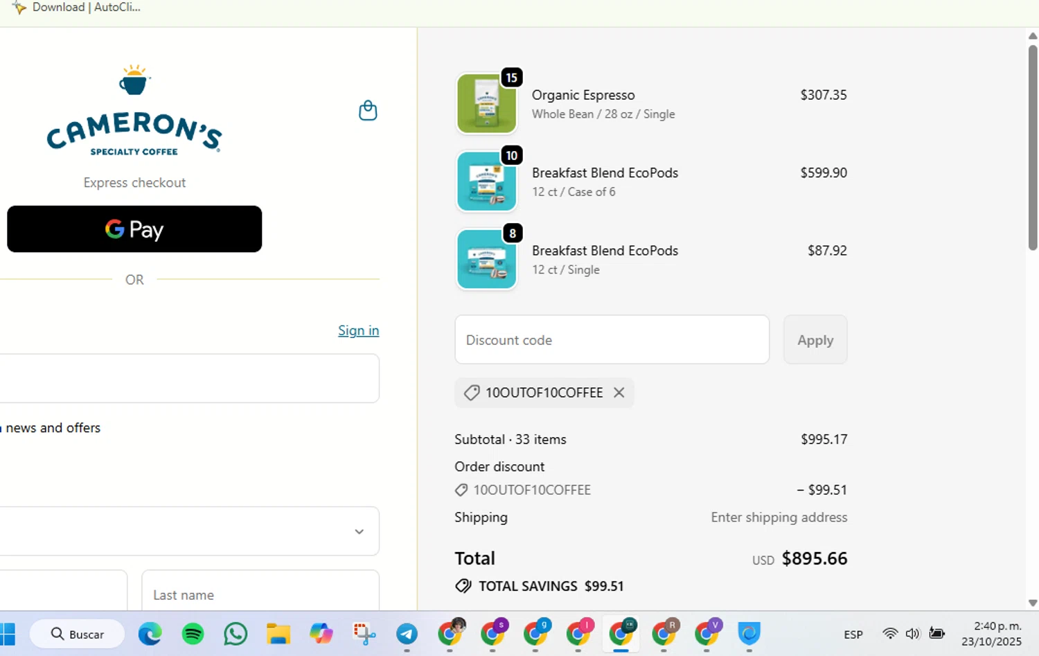 Cameron's Coffee promo code screenshot showing code 10OUTOF10COFFEE applied at Cameron's Coffee checkout page. Uploaded by SimplyCodes community member Charly2607 on Oct 23, 2025