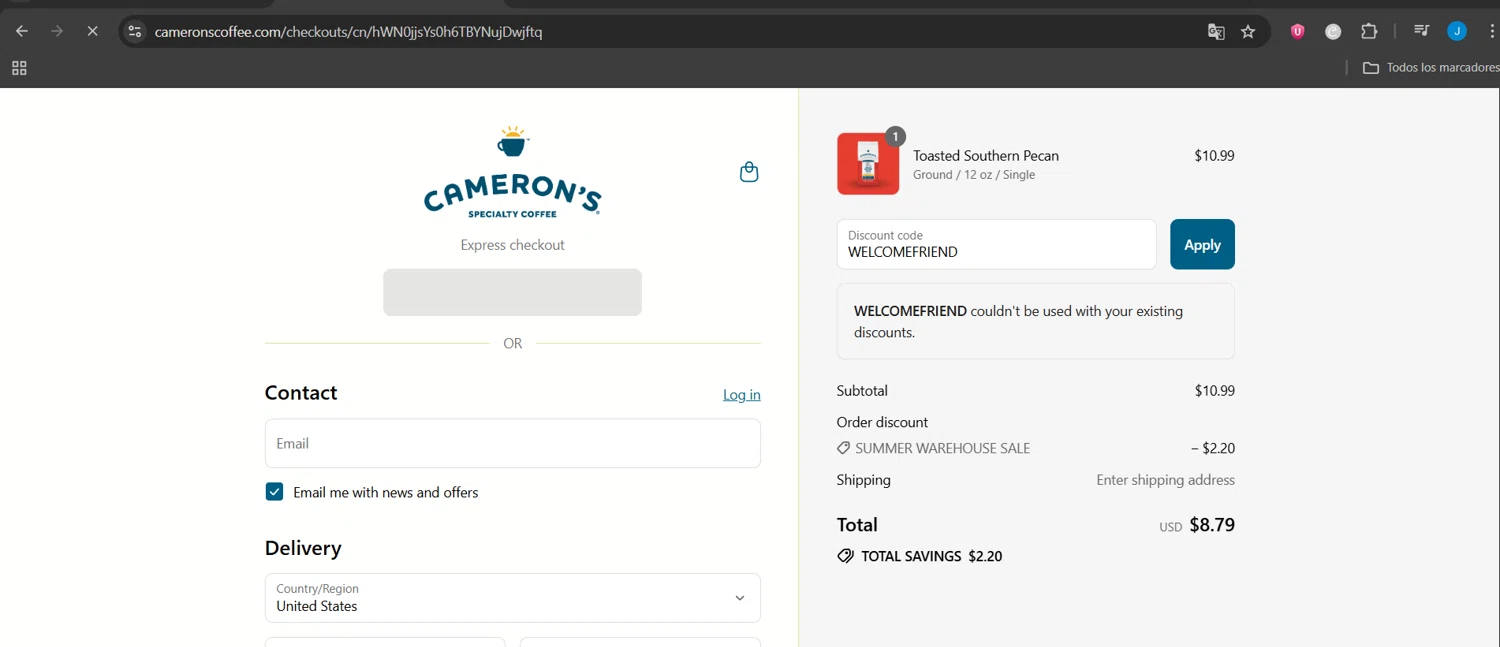 Cameron's Coffee promo code screenshot showing code WELCOMEFRIEND applied at Cameron's Coffee checkout page. Uploaded by SimplyCodes community member Jeanjc on Jul 17, 2025