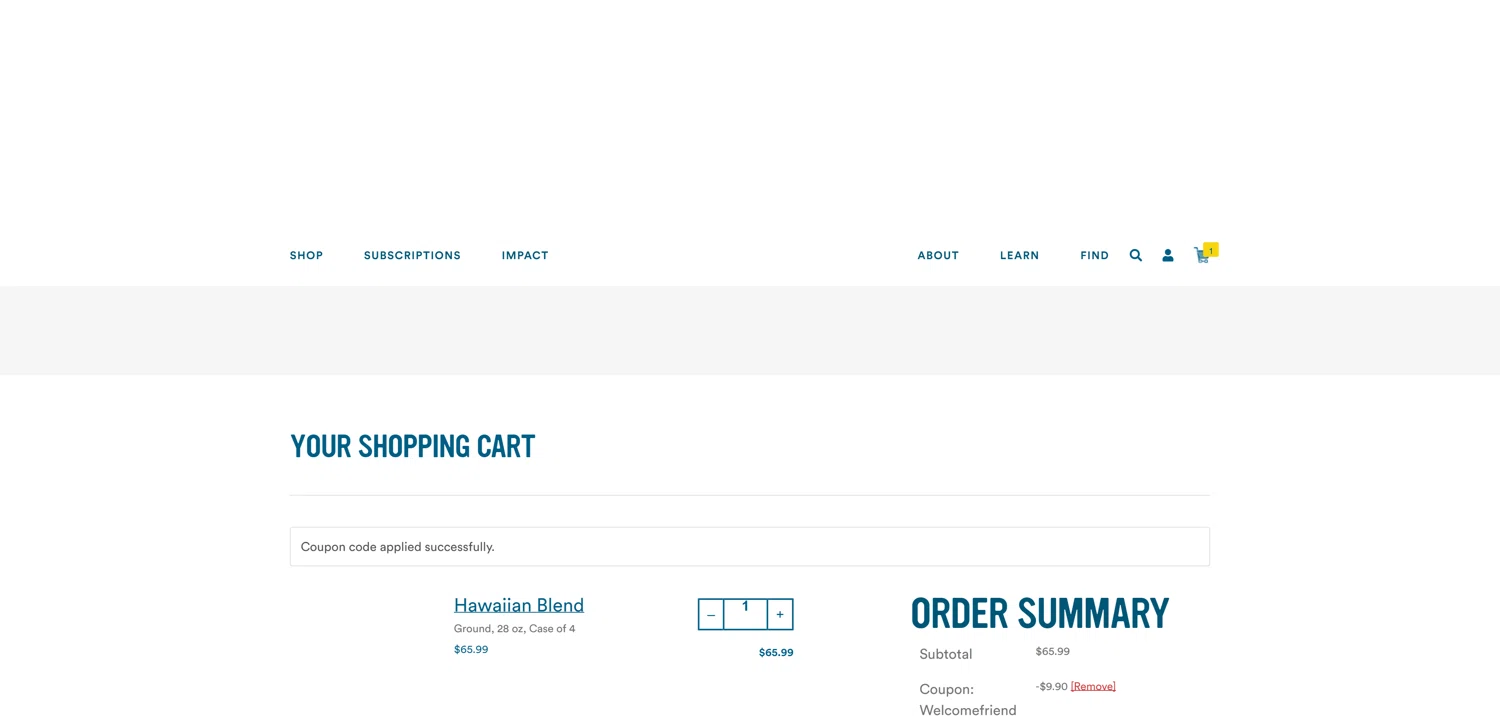 Cameron's Coffee promo code screenshot showing code WELCOMEFRIEND applied at Cameron's Coffee checkout page. Uploaded by SimplyCodes community member DerekRoberson on Apr 14, 2025