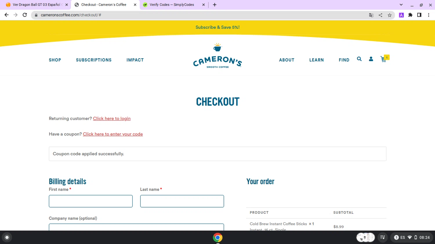 Cameron's Coffee promo code screenshot showing code WELCOMEFRIEND applied at Cameron's Coffee checkout page. Uploaded by SimplyCodes community member lapampita on Feb 25, 2025