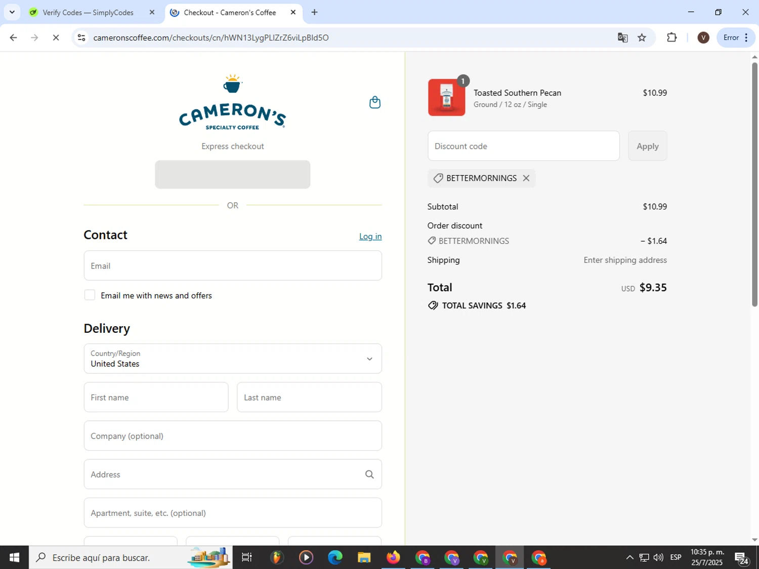 Cameron's Coffee promo code screenshot showing code BETTERMORNINGS applied at Cameron's Coffee checkout page. Uploaded by SimplyCodes community member CashLion3448 on Jul 26, 2025