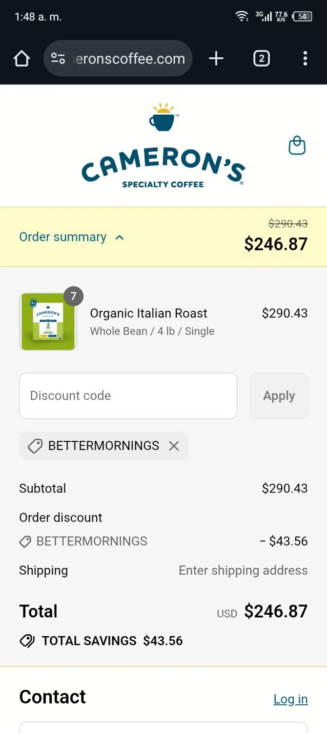 Cameron's Coffee promo code screenshot showing code BETTERMORNINGS applied at Cameron's Coffee checkout page. Uploaded by SimplyCodes community member Rafita on Aug 12, 2025