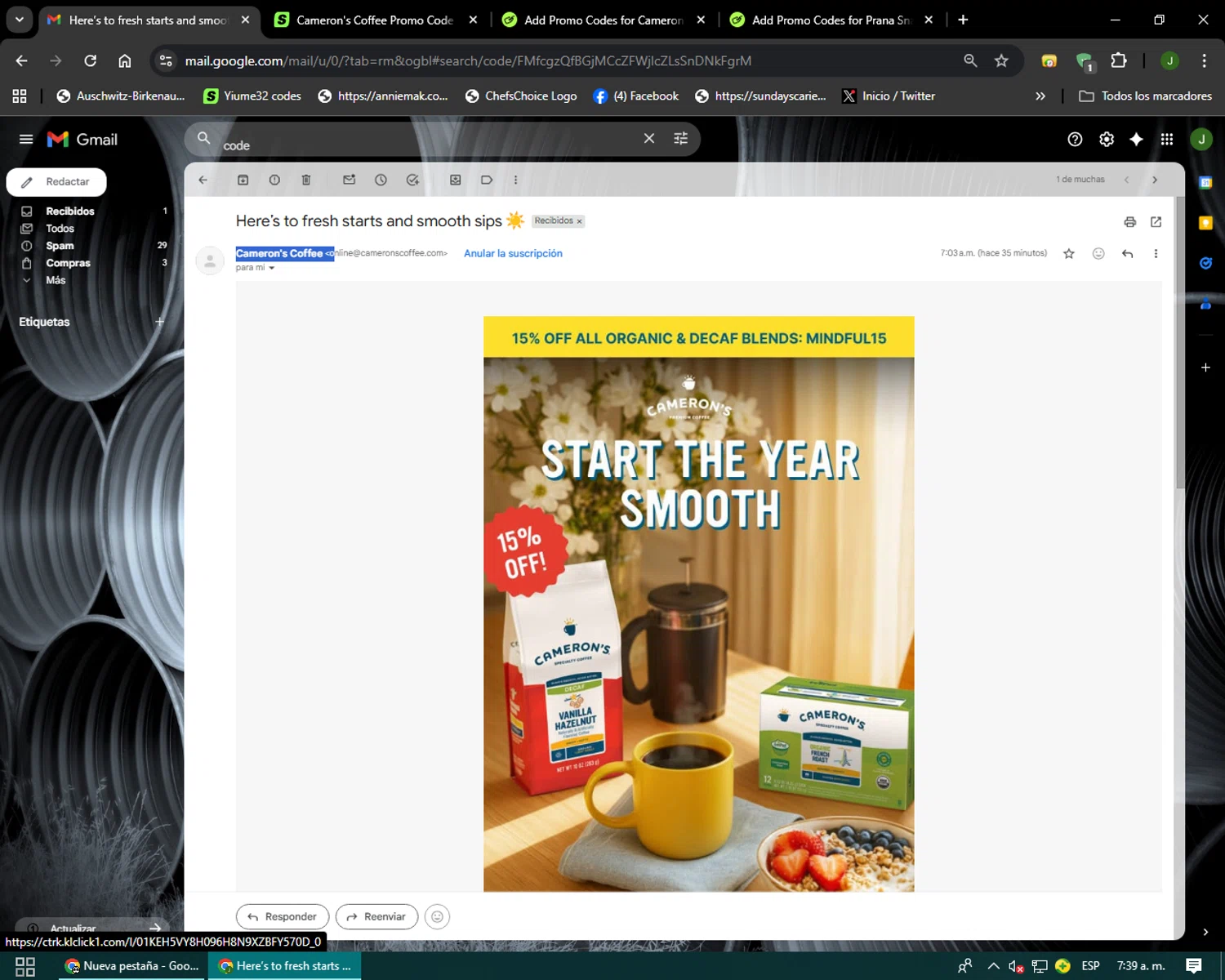 Cameron's Coffee promo code screenshot showing code MINDFUL15 applied at Cameron's Coffee checkout page. Uploaded by SimplyCodes community member Codehunter on Jan 9, 2026