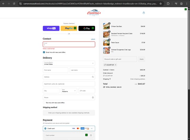 Cameron's Seafood checkout page showing Cameron's Seafood coupon code box | Screenshot taken by SimplyCodes community member on Aug 15, 2025