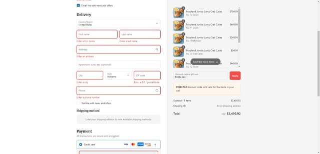 Cameron's Seafood checkout page showing Cameron's Seafood coupon code box | Screenshot taken by SimplyCodes community member on Aug 15, 2025