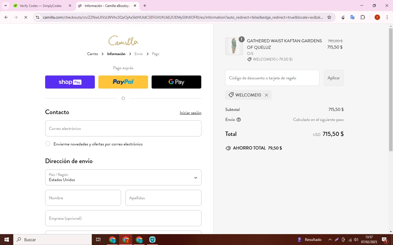 Camilla promo code screenshot showing code WELCOME10 applied at Camilla checkout page. Uploaded by SimplyCodes community member Collug on Feb 7, 2025