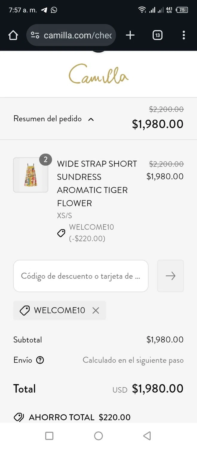 Camilla promo code screenshot showing code WELCOME10 applied at Camilla checkout page. Uploaded by SimplyCodes community member Miggy2024 on Jun 24, 2025