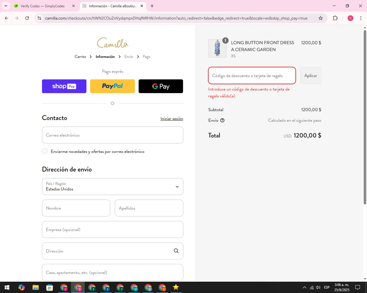 Camilla promo code screenshot showing code PLAYFUL applied at Camilla checkout page. Uploaded by SimplyCodes community member QuestHunter6203 on Aug 25, 2025