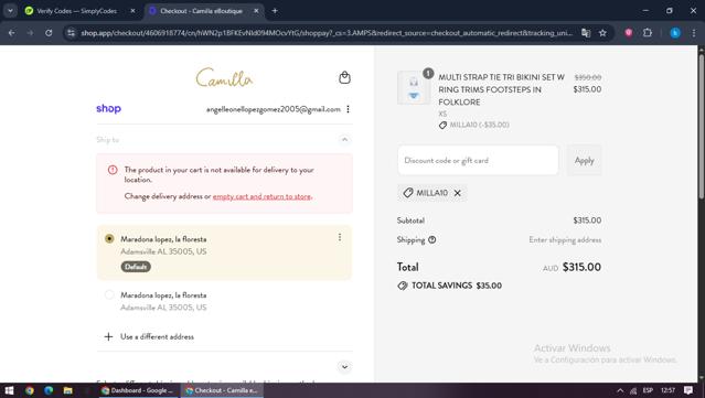 Camilla checkout page showing Camilla promo code box | Screenshot taken by SimplyCodes community member on Sep 10, 2025