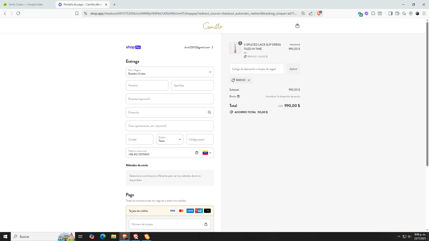 Camilla promo code screenshot showing code RMN10 applied at Camilla checkout page. Uploaded by SimplyCodes community member AnthonyGTX on Jul 24, 2025