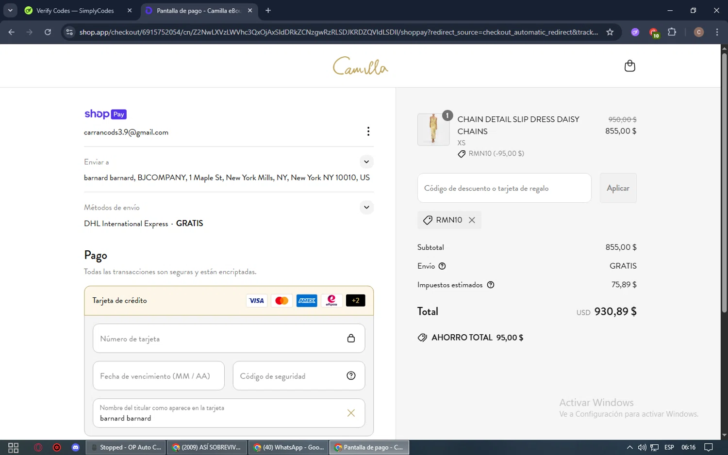 Camilla promo code screenshot showing code RMN10 applied at Camilla checkout page. Uploaded by SimplyCodes community member QuestHunter1351 on May 28, 2025