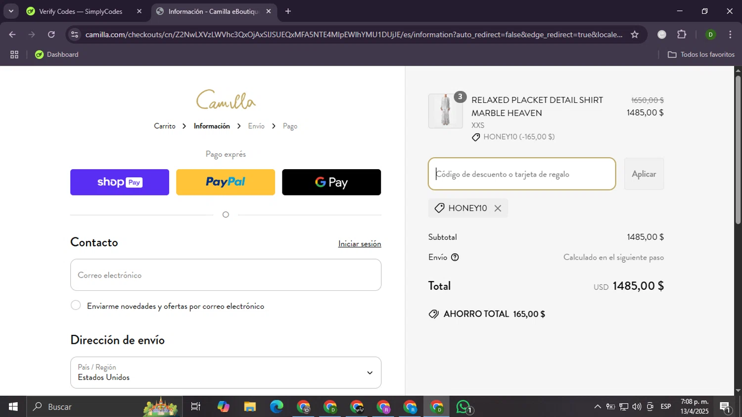Camilla promo code screenshot showing code HONEY10 applied at Camilla checkout page. Uploaded by SimplyCodes community member Daemon06 on Apr 13, 2025