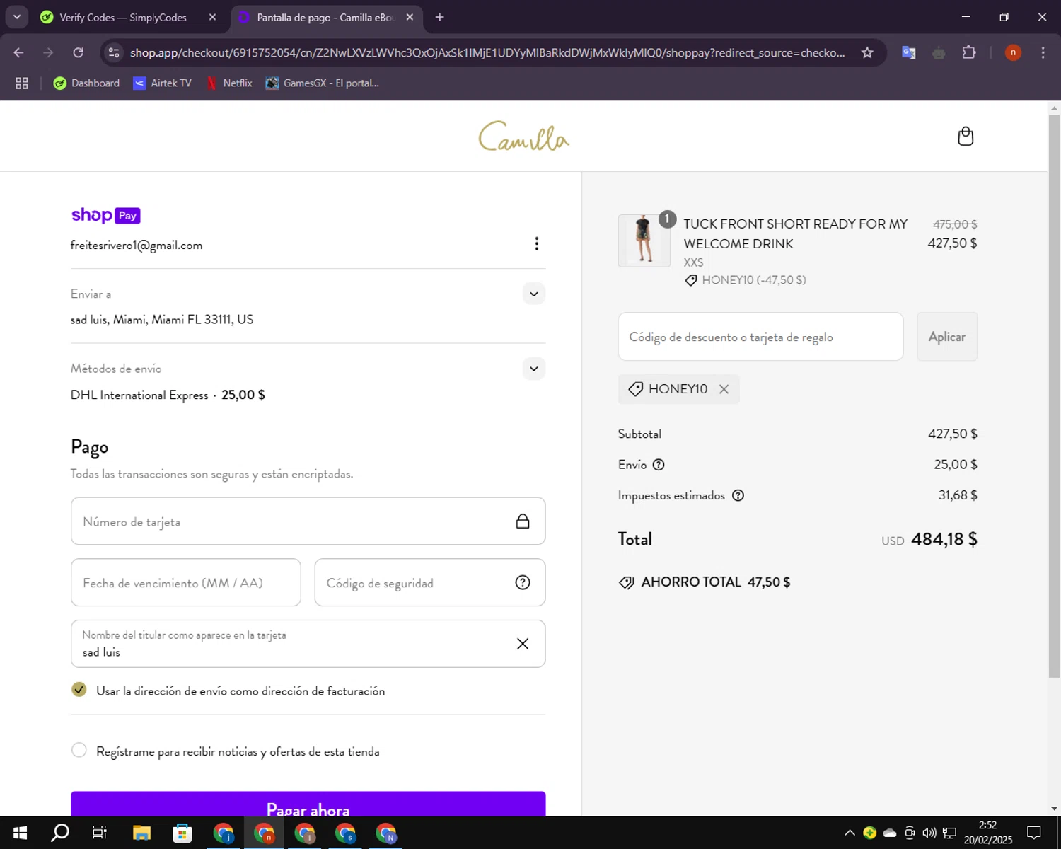 Camilla promo code screenshot showing code HONEY10 applied at Camilla checkout page. Uploaded by SimplyCodes community member BudgetShopper182 on Feb 20, 2025