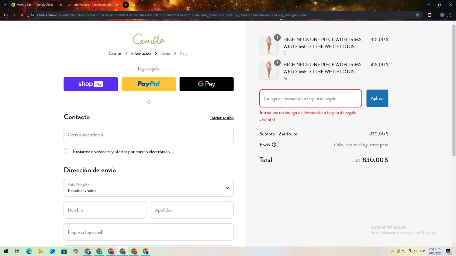 Camilla promo code screenshot showing code HONEY10 applied at Camilla checkout page. Uploaded by SimplyCodes community member 27zxbr on Feb 20, 2025