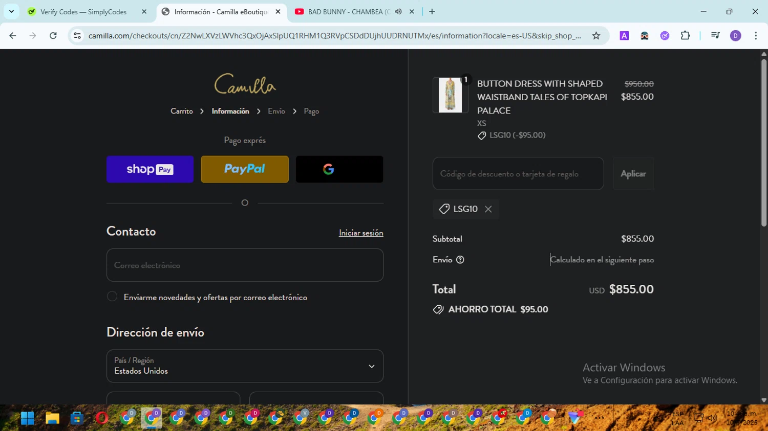 Camilla promo code screenshot showing code LSG10 applied at Camilla checkout page. Uploaded by SimplyCodes community member EpicSpotter8045 on Jul 10, 2025
