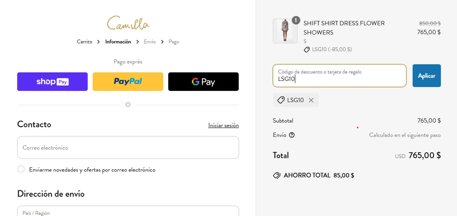 Camilla promo code screenshot showing code LSG10 applied at Camilla checkout page. Uploaded by SimplyCodes community member FortunateLynx2589 on Jun 16, 2025