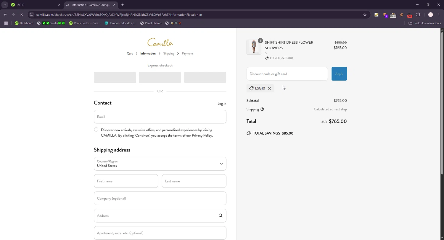 Camilla promo code screenshot showing code LSG10 applied at Camilla checkout page. Uploaded by SimplyCodes community member connyshan2154 on Jun 16, 2025