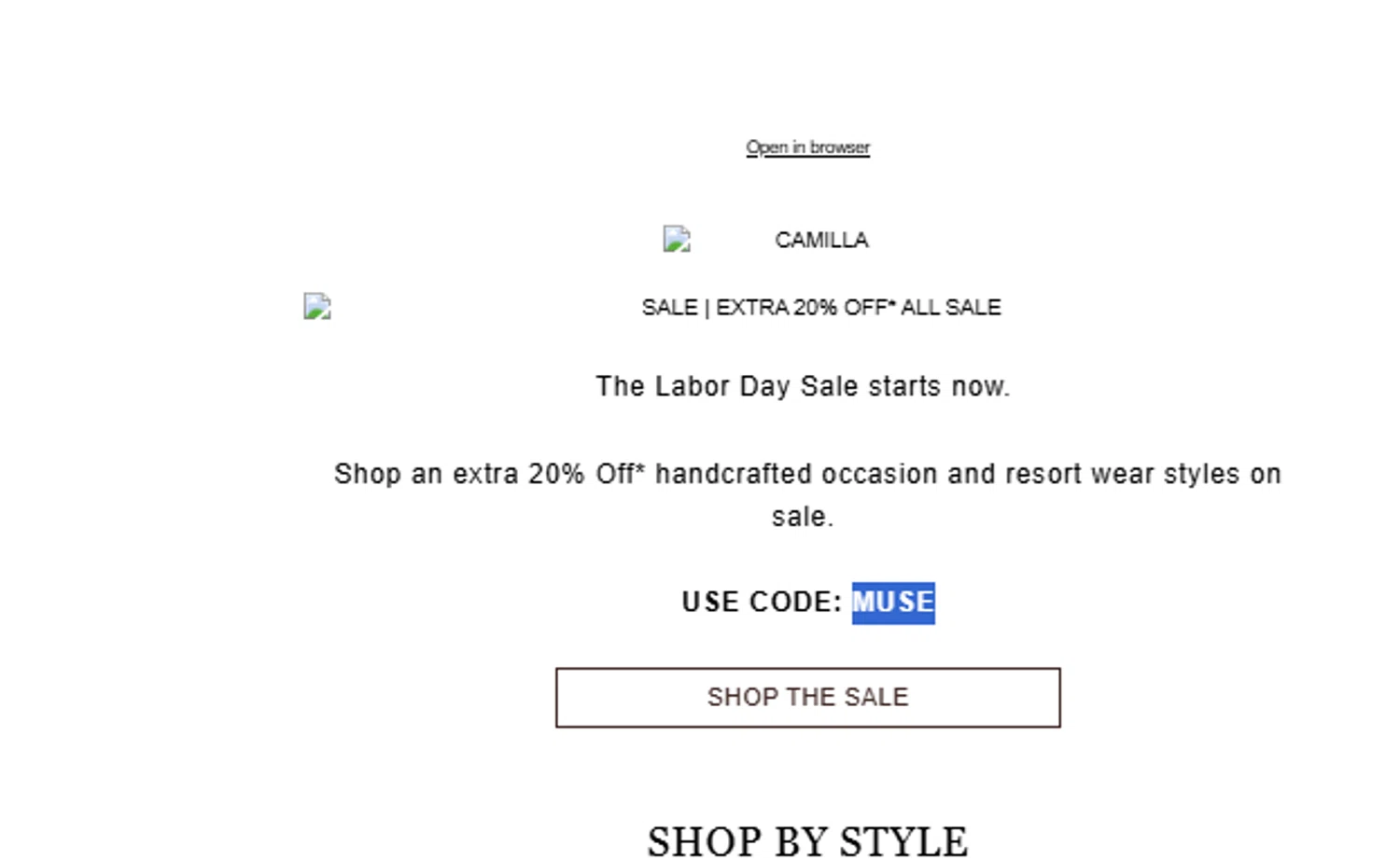 Camilla promo code screenshot showing code MUSE applied at Camilla checkout page. Uploaded by SimplyCodes community member Holaaa on Aug 28, 2025