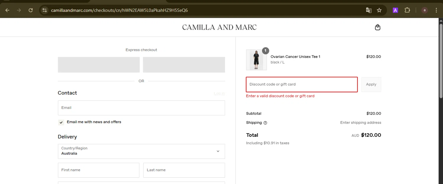 Camilla and Marc promo code screenshot showing code VOSN2018 applied at Camilla and Marc checkout page. Uploaded by SimplyCodes community member GoldCurator1773 on Aug 26, 2025