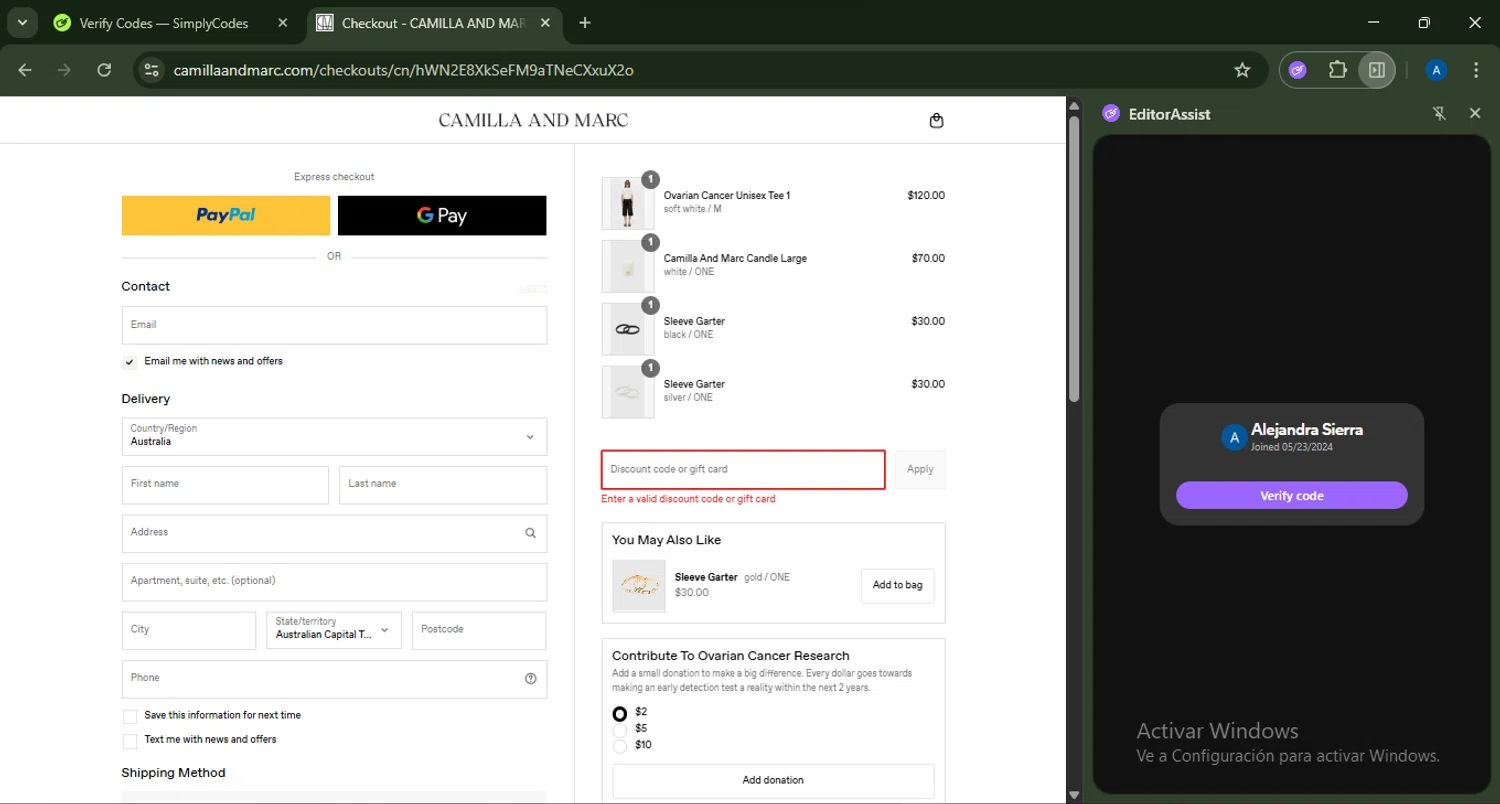 Camilla and Marc promo code screenshot showing code VOSN2018 applied at Camilla and Marc checkout page. Uploaded by SimplyCodes community member ThriftyEagle2472 on Aug 26, 2025