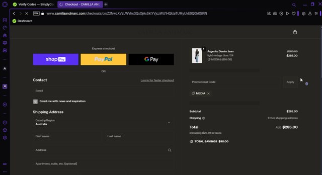 Camilla and Marc checkout page showing Camilla and Marc promo code box | Screenshot taken by SimplyCodes community member on Feb 12, 2025