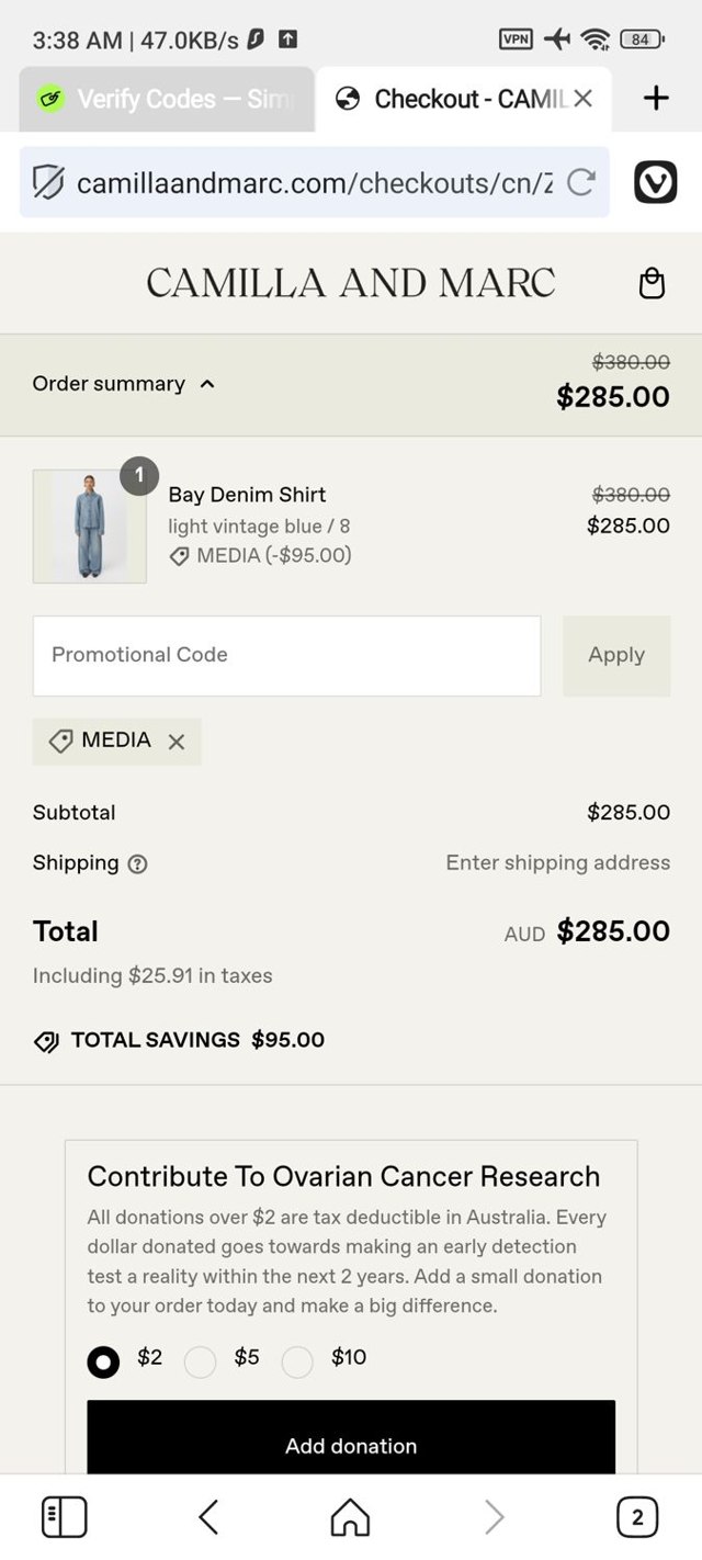 Camilla and Marc checkout page showing Camilla and Marc promo code box | Screenshot taken by SimplyCodes community member on Jan 18, 2025
