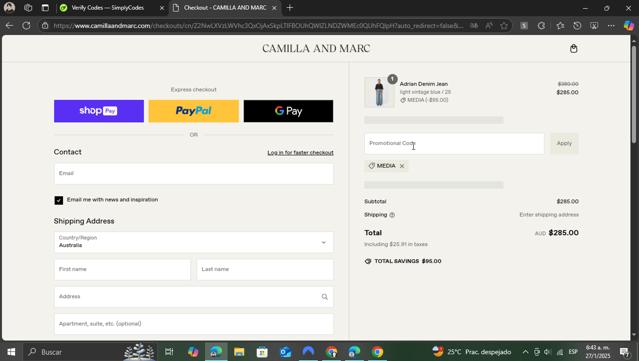 Camilla and Marc checkout page showing Camilla and Marc promo code box | Screenshot taken by SimplyCodes community member on Jan 27, 2025