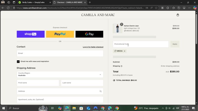 Camilla and Marc checkout page showing Camilla and Marc promo code box | Screenshot taken by SimplyCodes community member on Jan 27, 2025