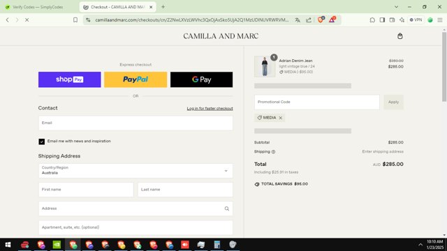 Camilla and Marc checkout page showing Camilla and Marc promo code box | Screenshot taken by SimplyCodes community member on Jan 23, 2025