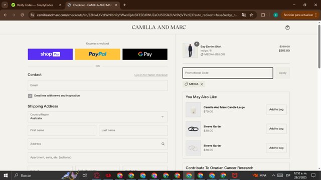 Camilla and Marc checkout page showing Camilla and Marc promo code box | Screenshot taken by SimplyCodes community member on Mar 28, 2025