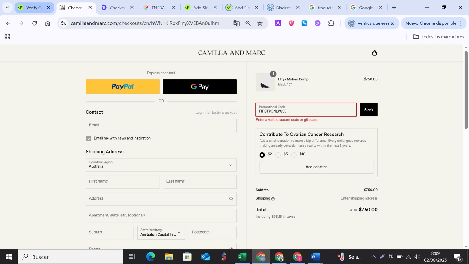 Camilla and Marc promo code screenshot showing code FIRST8CNLWJ85 applied at Camilla and Marc checkout page. Uploaded by SimplyCodes community member MANUELURBINA on Aug 2, 2025