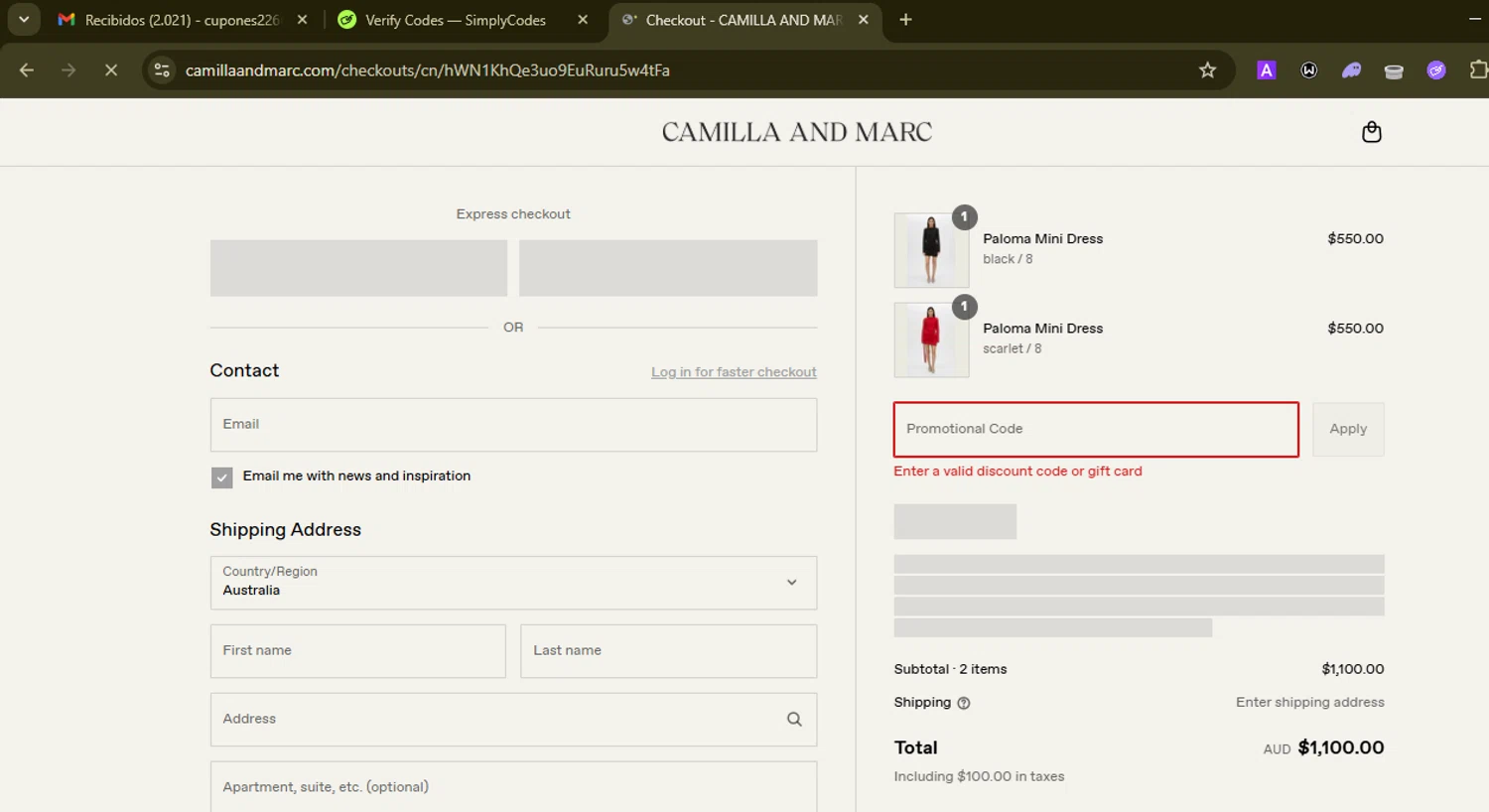 Camilla and Marc promo code screenshot showing code FIRST8CNLWJ85 applied at Camilla and Marc checkout page. Uploaded by SimplyCodes community member SilverMonarch6357 on Aug 2, 2025