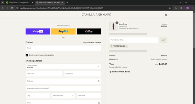 Camilla and Marc checkout page showing Camilla and Marc promo code box | Screenshot taken by SimplyCodes community member on Jan 3, 2025