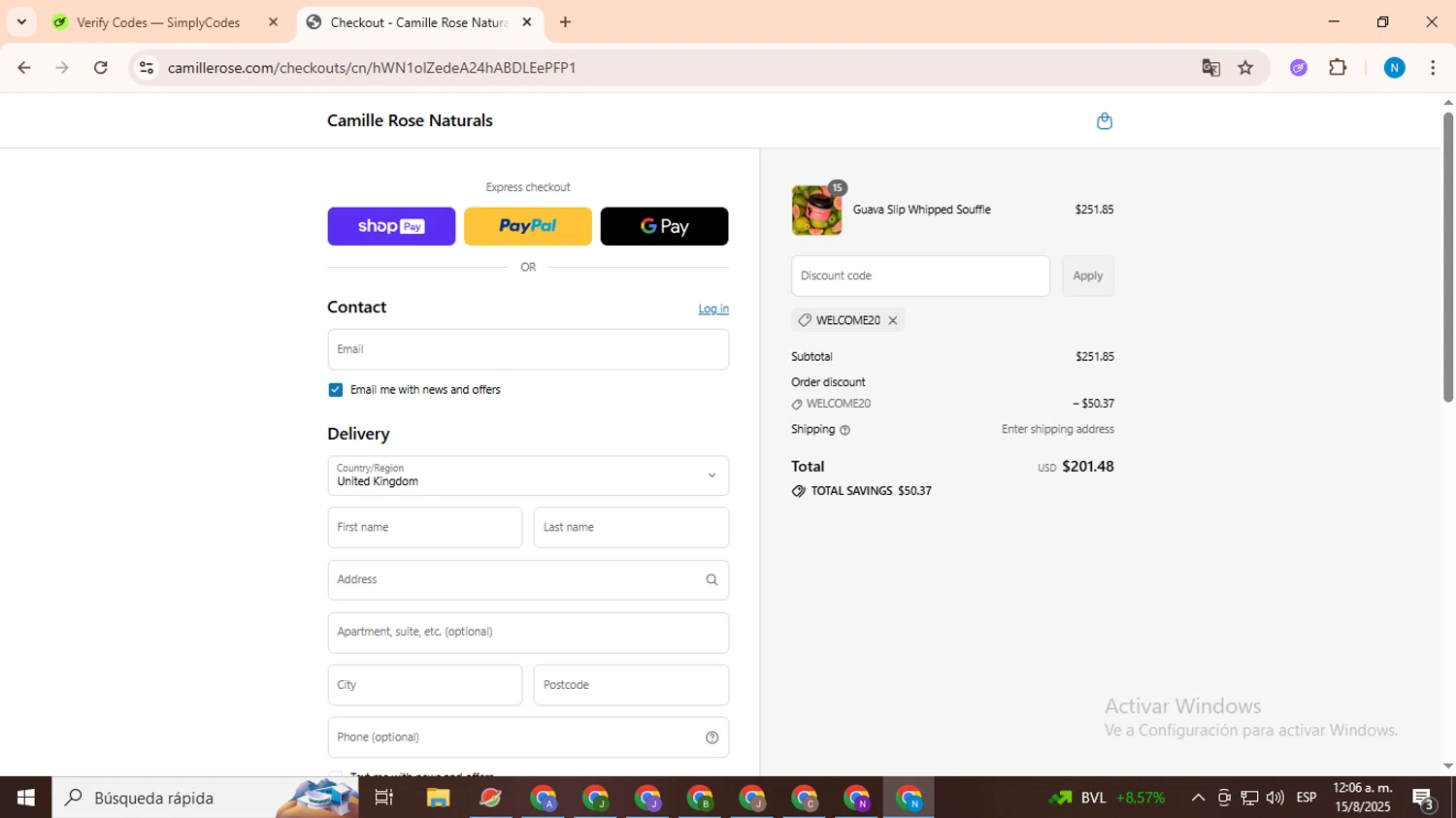 Camille Rose Naturals coupon code screenshot showing code WELCOME20 applied at Camille Rose Naturals checkout page. Uploaded by SimplyCodes community member CoinHawk678 on Aug 15, 2025
