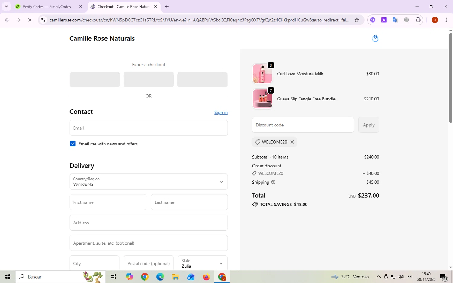 Camille Rose Naturals coupon code screenshot showing code WELCOME20 applied at Camille Rose Naturals checkout page. Uploaded by SimplyCodes community member ThriftyScout4426 on Nov 28, 2025