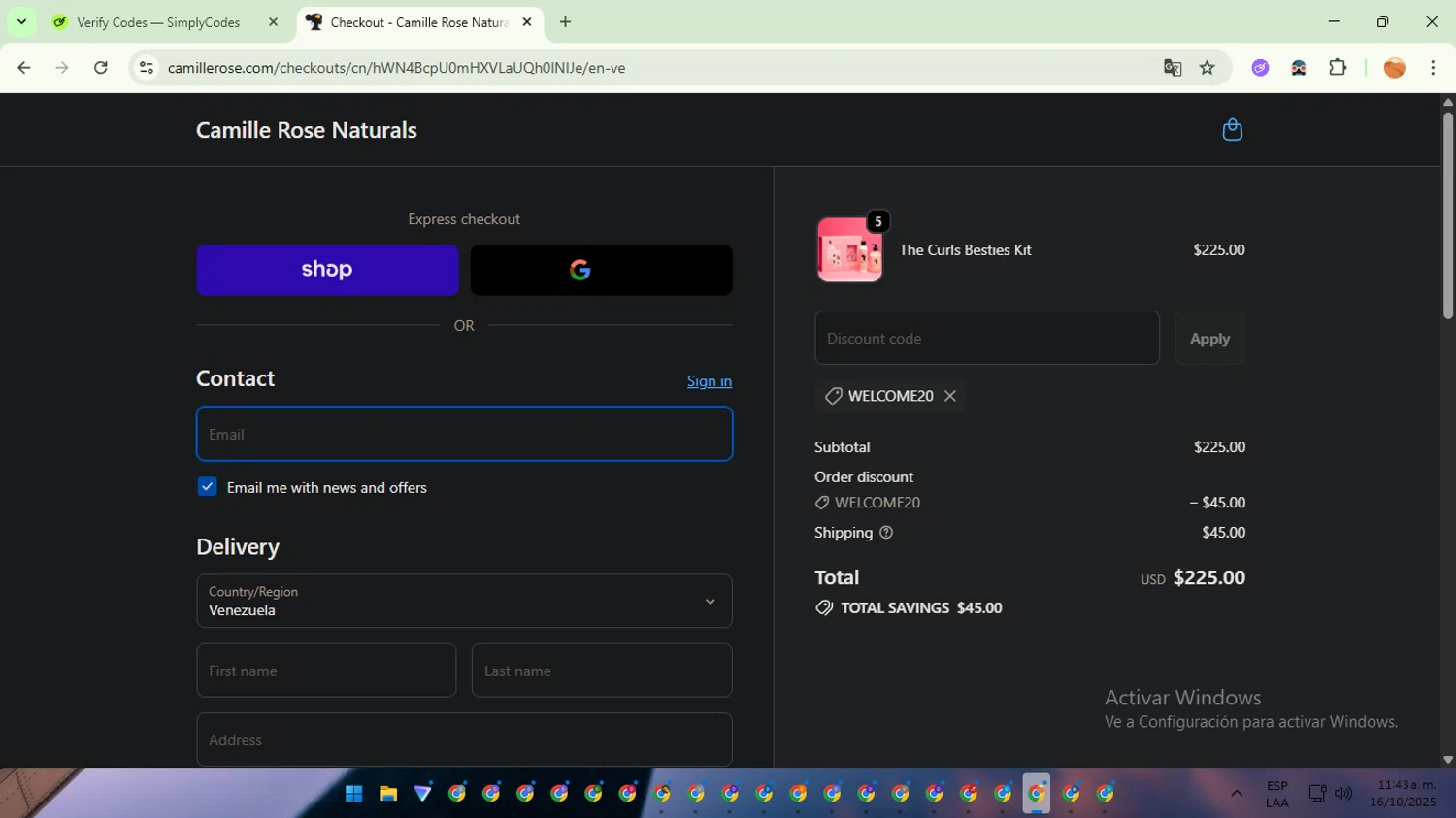 Camille Rose Naturals coupon code screenshot showing code WELCOME20 applied at Camille Rose Naturals checkout page. Uploaded by SimplyCodes community member TreasureSentinel5290 on Oct 16, 2025