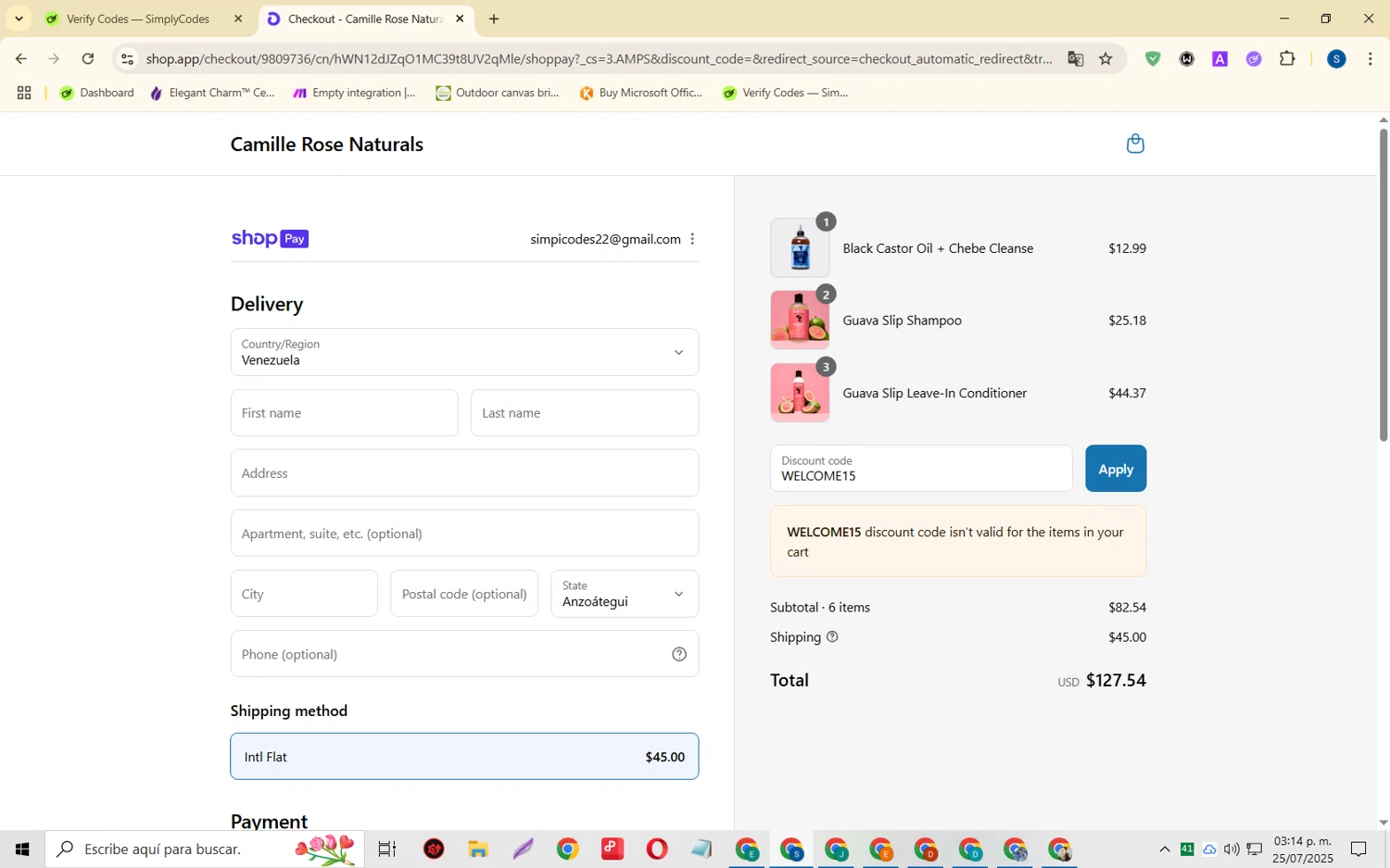 Camille Rose Naturals coupon code screenshot showing code WELCOME15 applied at Camille Rose Naturals checkout page. Uploaded by SimplyCodes community member CleverOwl2485 on Jul 25, 2025
