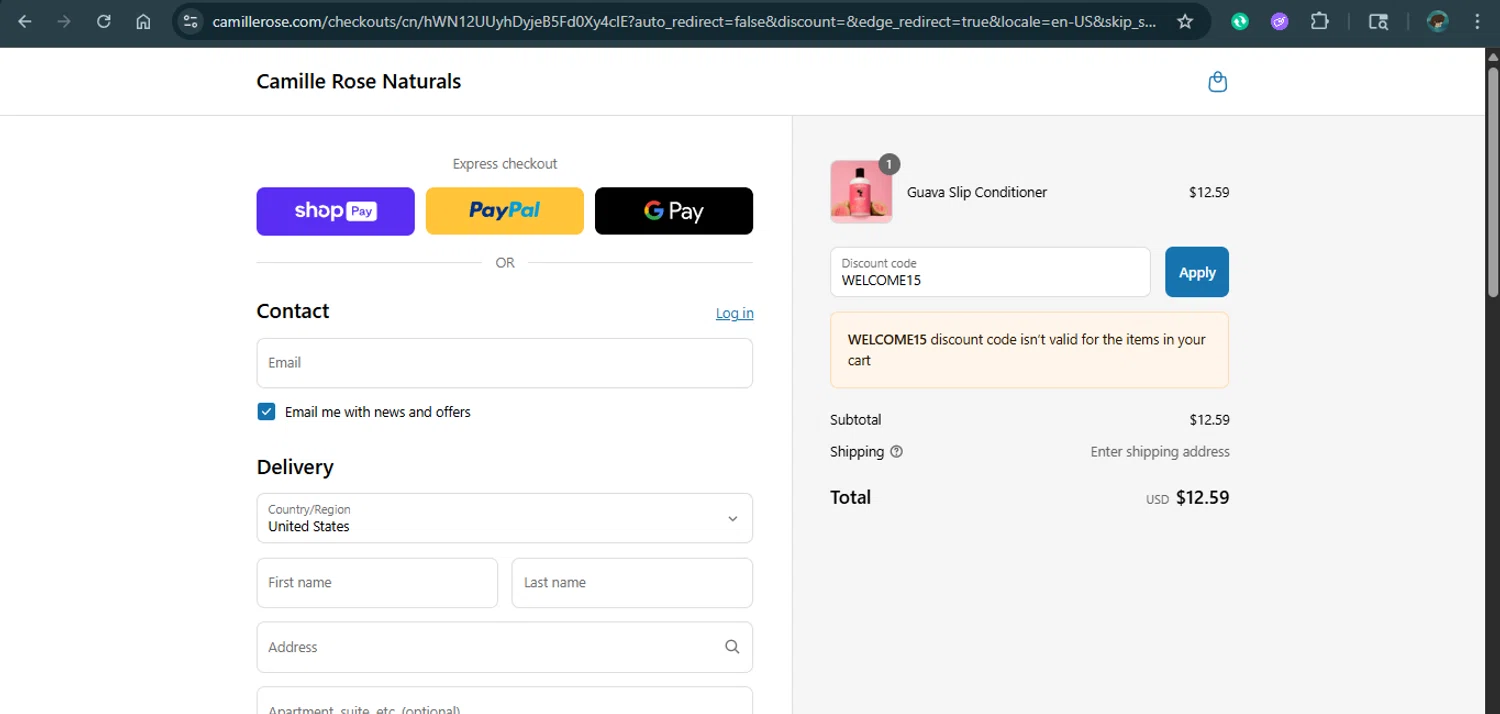 Camille Rose Naturals coupon code screenshot showing code WELCOME15 applied at Camille Rose Naturals checkout page. Uploaded by SimplyCodes community member xAngel on Jul 25, 2025