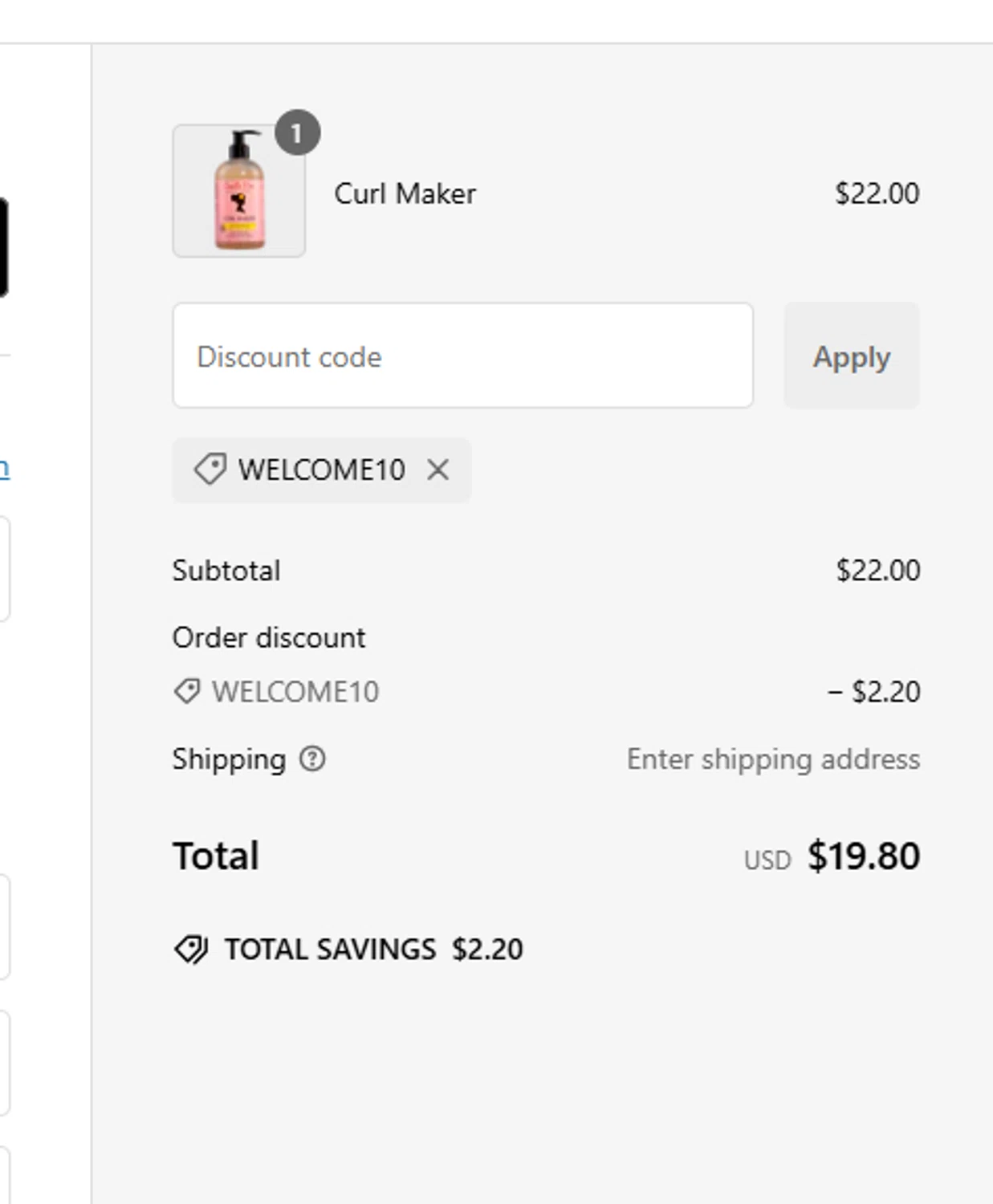 Camille Rose Naturals coupon code screenshot showing code WELCOME10 applied at Camille Rose Naturals checkout page. Uploaded by SimplyCodes community member SwiftTracker8156 on Jan 6, 2025