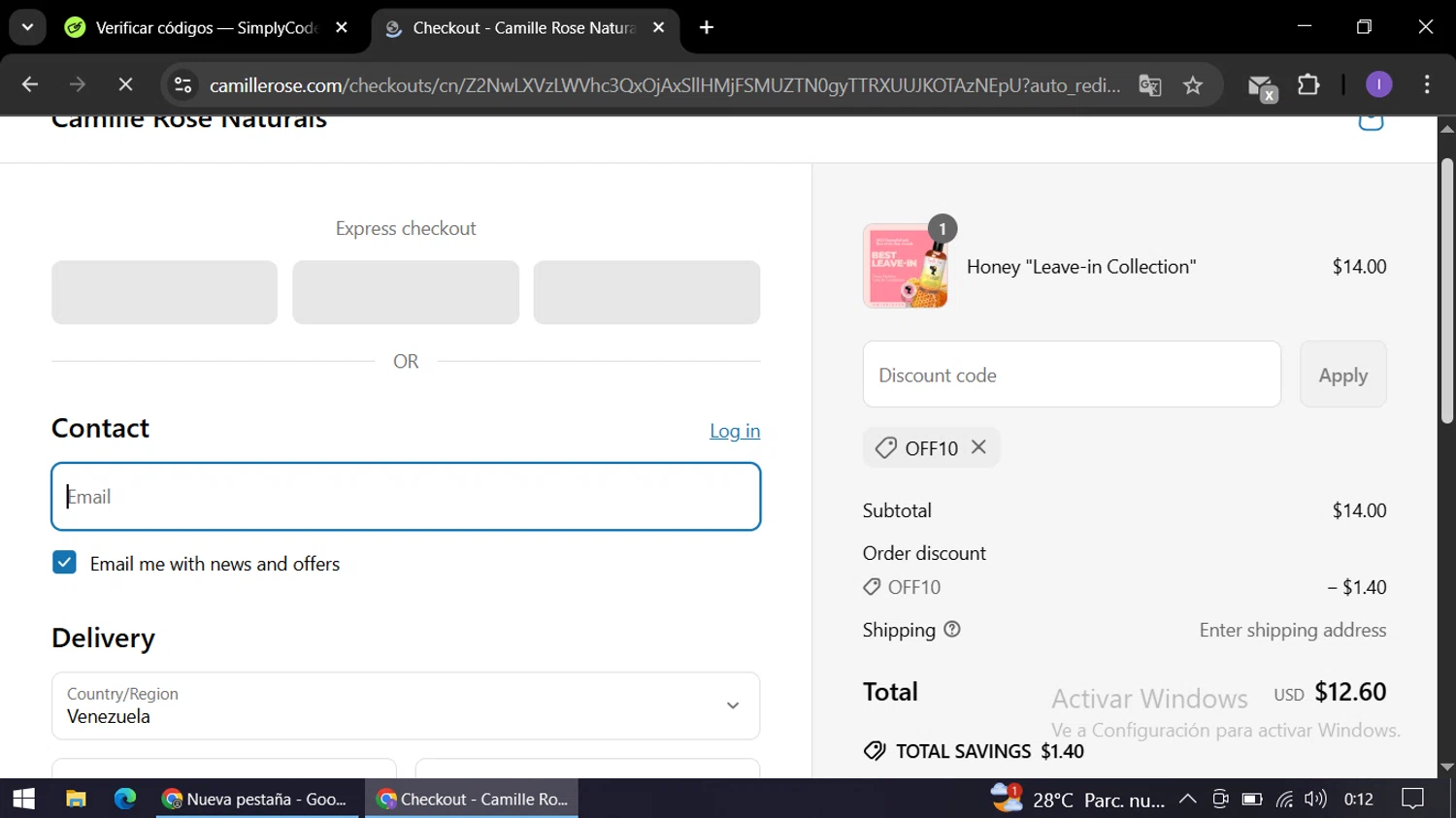Camille Rose Naturals coupon code screenshot showing code OFF10 applied at Camille Rose Naturals checkout page. Uploaded by SimplyCodes community member AGP44456545 on Jun 24, 2025