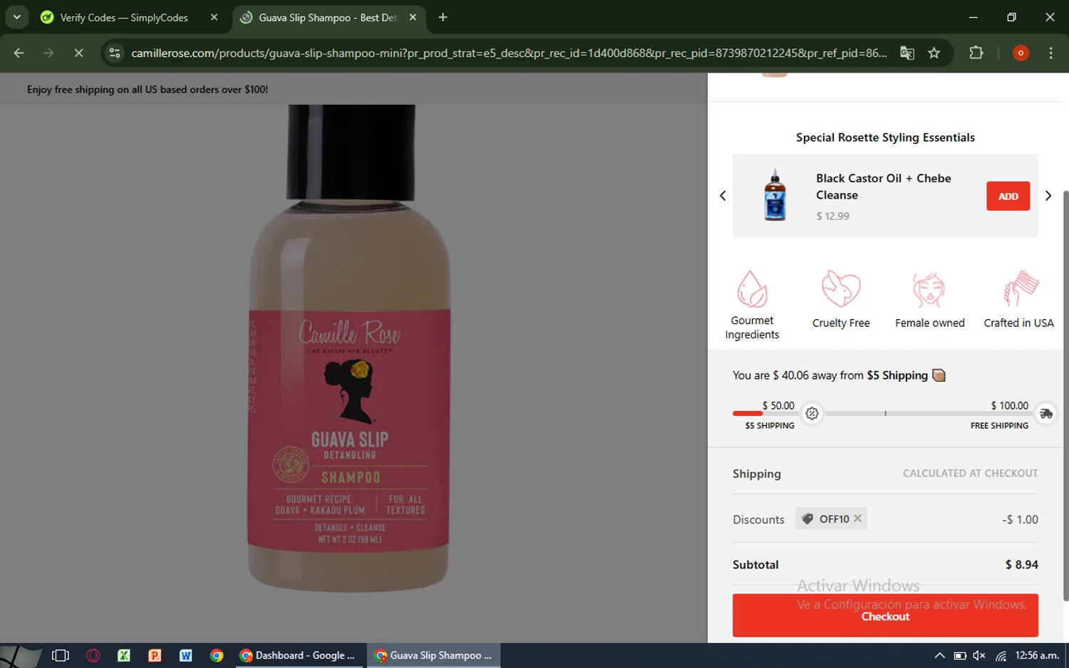 Camille Rose Naturals coupon code screenshot showing code OFF10 applied at Camille Rose Naturals checkout page. Uploaded by SimplyCodes community member CashAdmiral6490 on Jun 24, 2025