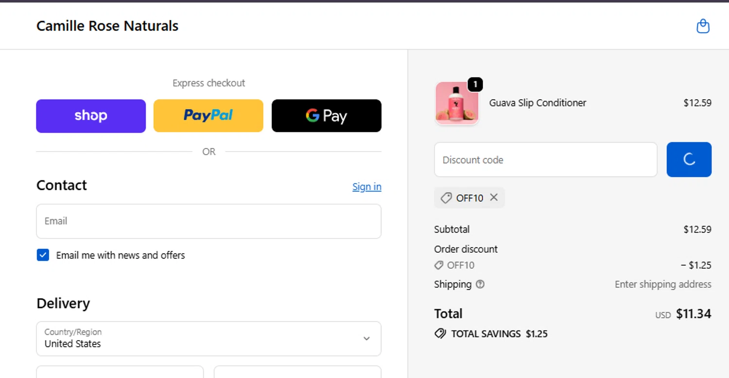 Camille Rose Naturals coupon code screenshot showing code OFF10 applied at Camille Rose Naturals checkout page. Uploaded by SimplyCodes community member ashe1986 on Nov 11, 2025